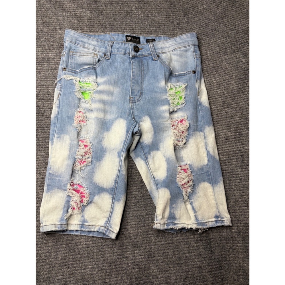 Y2K Bleached Distressed Denim Waimea Shorts Neon Patchwork  Streetwear Size 30